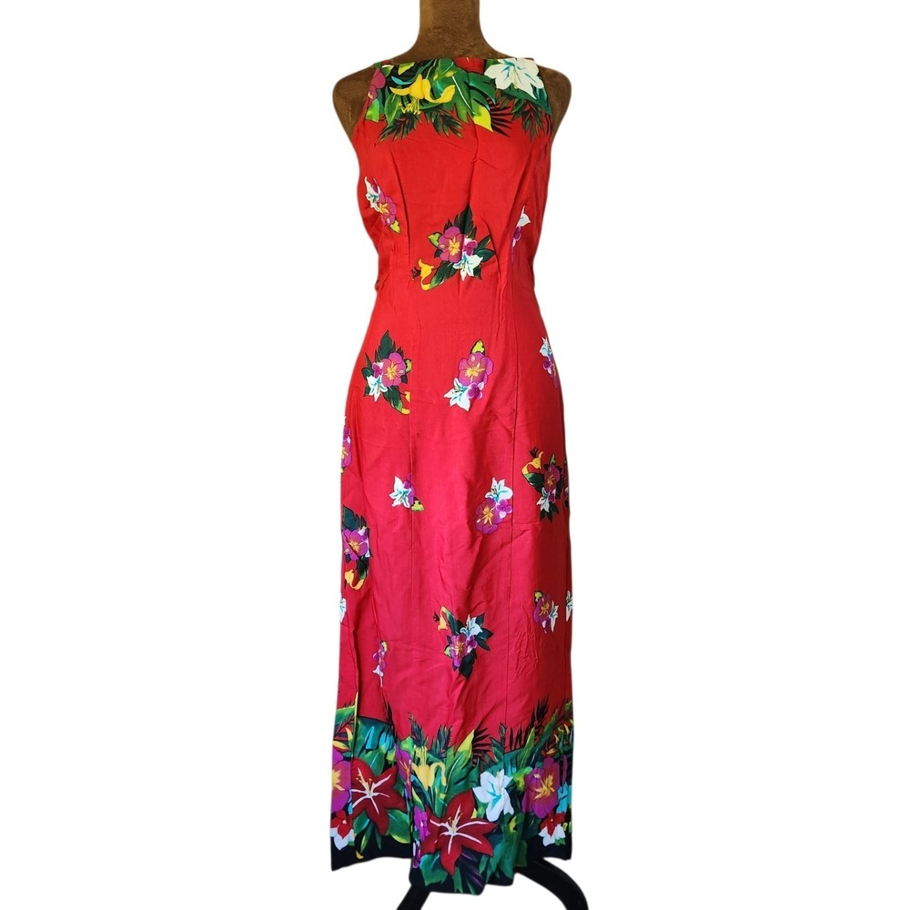 Vtg 90s All That Jazz Floral Dress Red Hawaiian Resortwear Size 7/8 Vacation